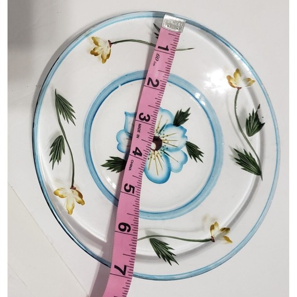 Large Jar Candle Plate Glass Blue Flower Clear 7 inches Round Unbranded - Picture 3 of 7